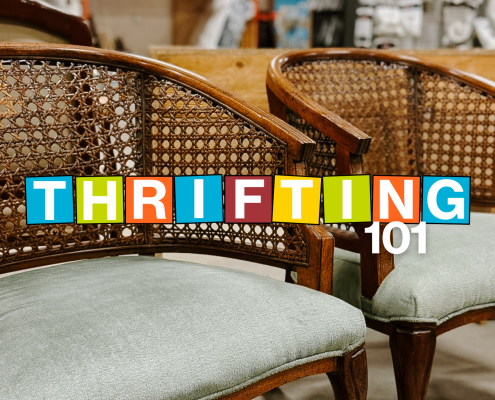 A variety of secondhand furniture on display at Habitat for Humanity ReStore in Regina, Saskatchewan. The space features vintage armchairs, couches, bookshelves, and home decor, offering unique thrifting opportunities for sustainable shopping and home improvement projects.